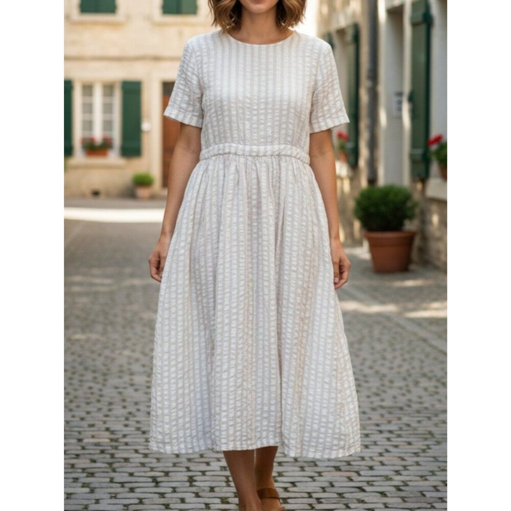 Olive Clothing Textured White Short-Sleeve Prairie Midi Linen Dress Size S